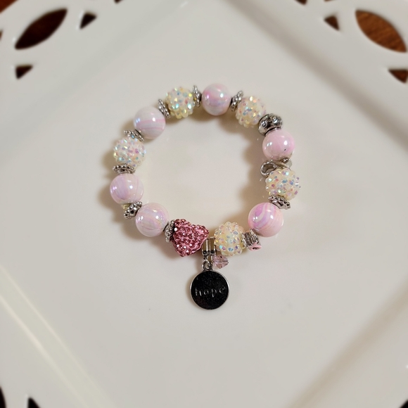 BREAST CANCER STRETCH BRACELET PINK & WHITE CRYSTAL BNIP - Picture 6 of 7